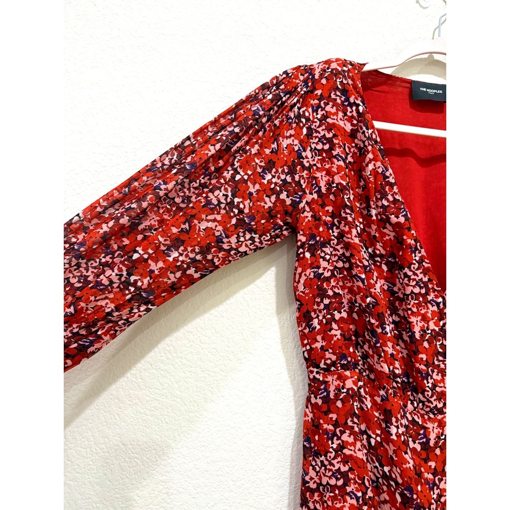The Kooples Mini Floral Dress Red Medium V-Neck Long Sleeve Button Cuff Feminine - Picture 6 of 11